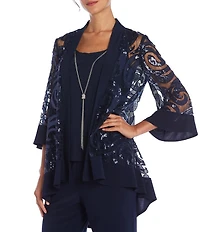 R & M Richards Swirl Sequin Scoop Neck 3/4 Sleeve Jacket 3-Piece Set