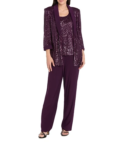 R & M Richards Three Piece Pantsuit With Sequin Mesh Tuxedo Jacket and Tank With Satin Lapels and Cuffs
