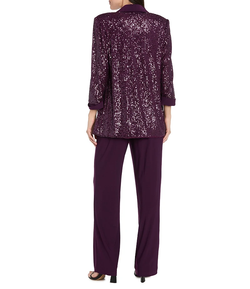 R & M Richards Three Piece Pantsuit With Sequin Mesh Tuxedo Jacket and Tank With Satin Lapels and Cuffs