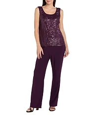 R & M Richards Three Piece Pantsuit With Sequin Mesh Tuxedo Jacket and Tank With Satin Lapels and Cuffs
