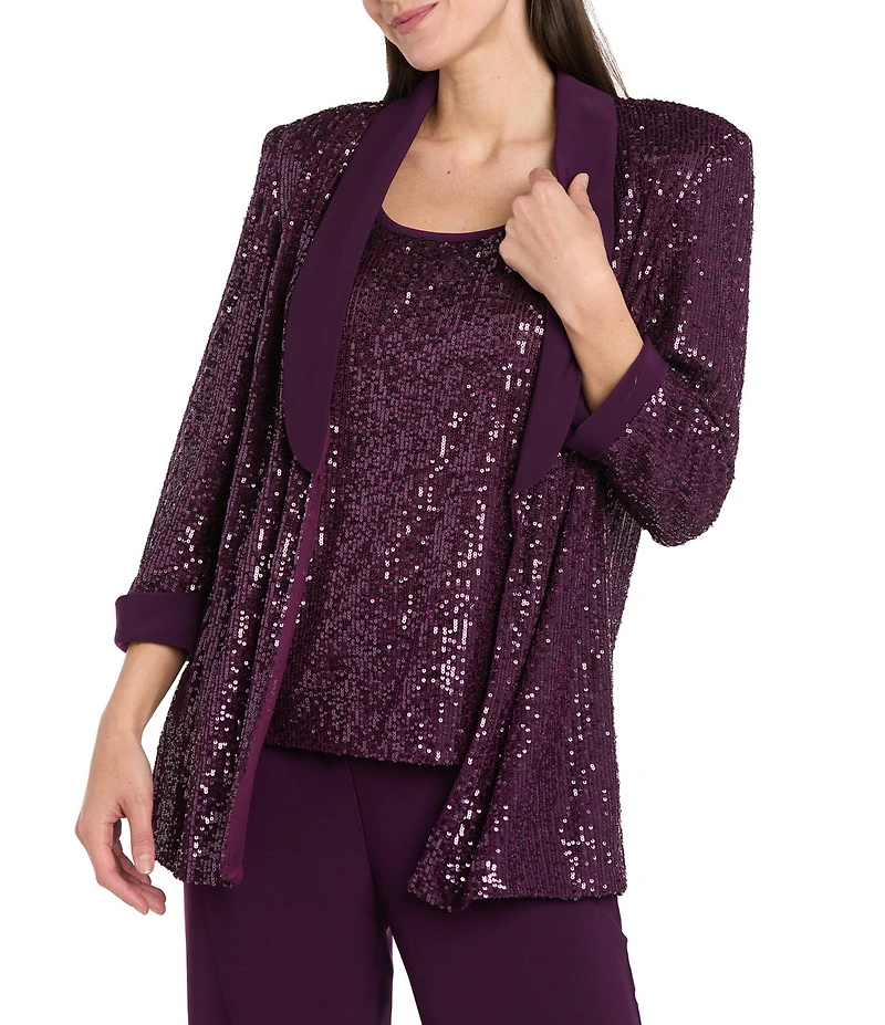 R & M Richards Three Piece Pantsuit With Sequin Mesh Tuxedo Jacket and Tank With Satin Lapels and Cuffs