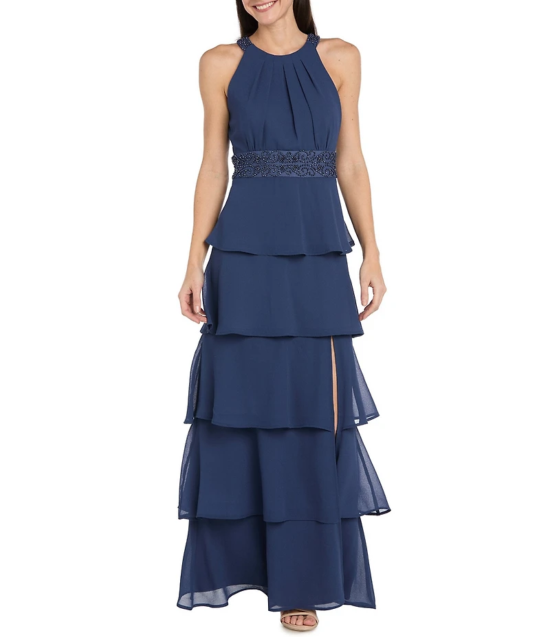 R & M Richards Tiered Solid Pebble Georgette Beaded Halter Neck Sleeveless Gown