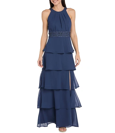 R & M Richards Tiered Solid Pebble Georgette Beaded Halter Neck Sleeveless Gown