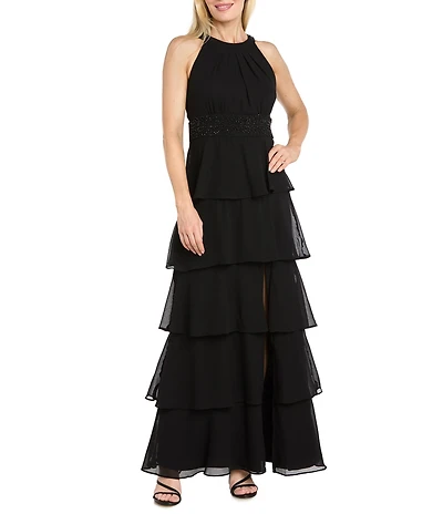 R & M Richards Tiered Solid Pebble Georgette Beaded Halter Neck Sleeveless Gown