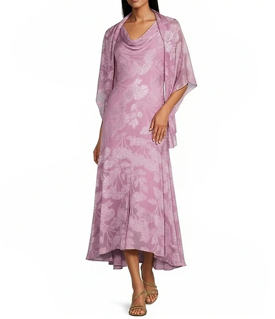 R & M Richards Tonal Floral Jacquard Chiffon Draped Cowl Neck Sleeveless Midi Dress