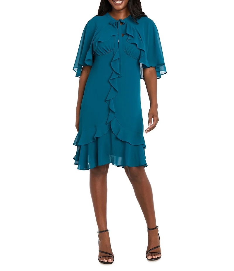 R & M Richards Two Piece Chiffon Ruffle Detail Capelet Dress
