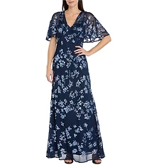 R & M Richards V-Neck Flutter Sleeve Floral Embroidered Sequin Power Mesh A Line Gown