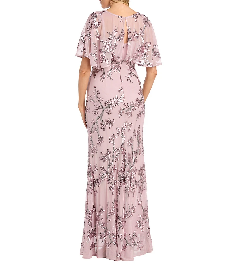 R & M Richards V-Neck Flutter Sleeve Floral Embroidered Sequin Power Mesh A Line Gown