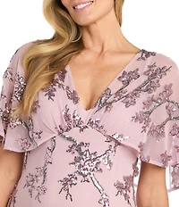 R & M Richards V-Neck Flutter Sleeve Floral Embroidered Sequin Power Mesh A Line Gown