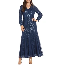 R & M Richards V-Neck Long Sleeve Embroidered Sequin Mesh Gown