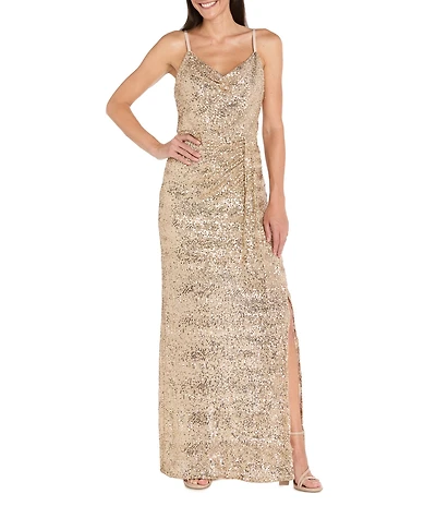 R & M Richards Wavy Embroidered Sequin Drape Front Long Dress