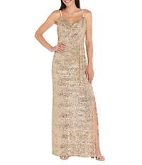 R & M Richards Wavy Embroidered Sequin Drape Front Long Dress