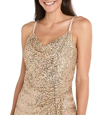 R & M Richards Wavy Embroidered Sequin Drape Front Long Dress