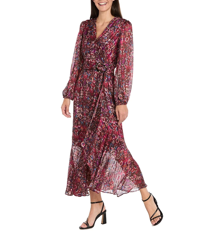 R & M Richards Wet Print Metallic Satin Chiffon Long Sleeve V-Neck Ruffle Front Faux Wrap Dress