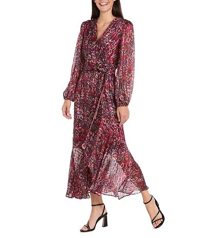 R & M Richards Wet Print Metallic Satin Chiffon Long Sleeve V-Neck Ruffle Front Faux Wrap Dress