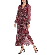 R & M Richards Wet Print Metallic Satin Chiffon Long Sleeve V-Neck Ruffle Front Faux Wrap Dress
