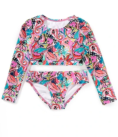 Raisins Big Girls Long Sleeve Floral Cropped Rashguard Top & Matching Hipster Bottom Two-Piece Swimsuit