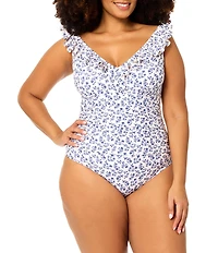 Raisins Curve Plus Size Ditsy Floral Ruffled V-Neck Off-The-Shoulder One Piece Swimsuit