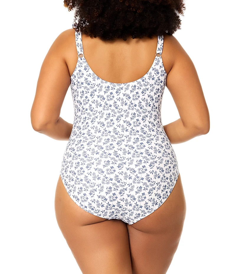 Raisins Curve Plus Size Ditsy Floral Ruffled V-Neck Off-The-Shoulder One Piece Swimsuit
