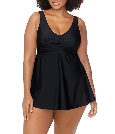 Raisins Curve Plus Size Lucia Solid V-Neck Cross Front Twist One Piece Swimdress