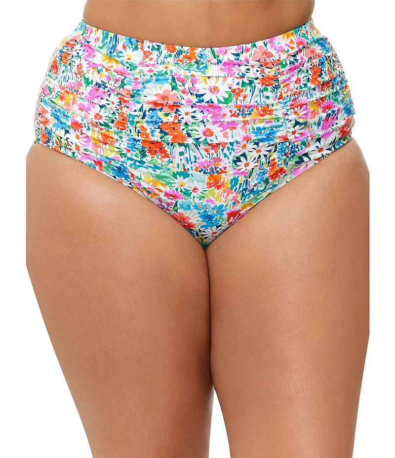 Raisins Curve Plus Size Saltwater Daisy Costa Shirred Tummy Control High Waist Swim Bottom