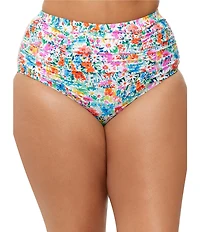 Raisins Curve Plus Size Saltwater Daisy Costa Shirred Tummy Control High Waist Swim Bottom