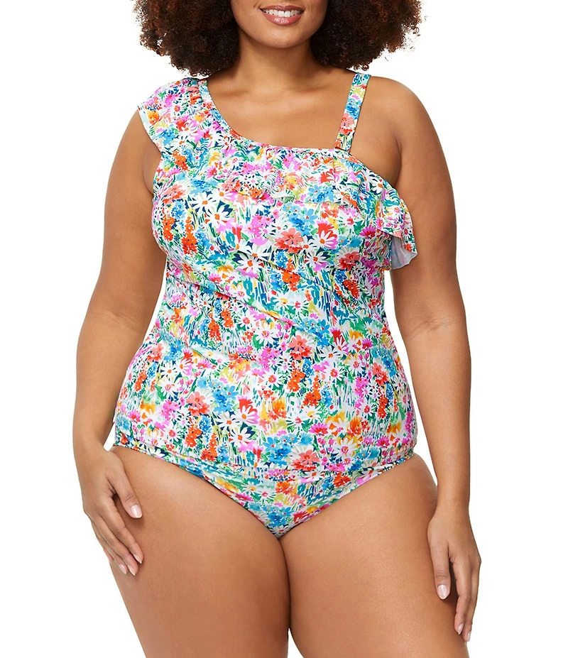 Raisins Curve Plus Size Saltwater Daisy Costa Shirred Tummy Control High Waist Swim Bottom