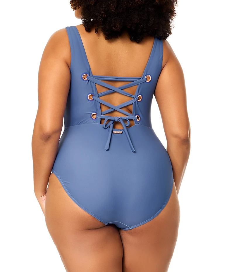 Raisins Curve Plus Size Shaka Square Neck Lace Up Back One Piece Swimsuit