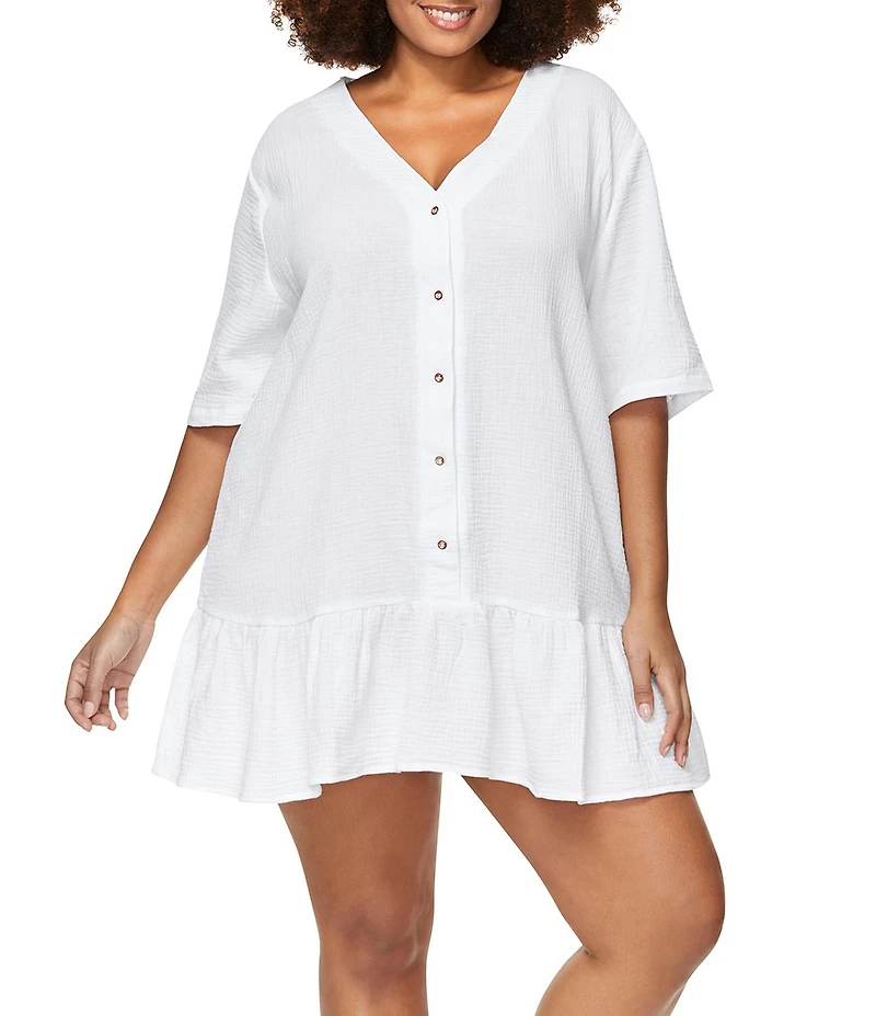 Raisins Curve Plus Size Sol V-Neck Ruffle Skirt Swim Cover-Up Dress