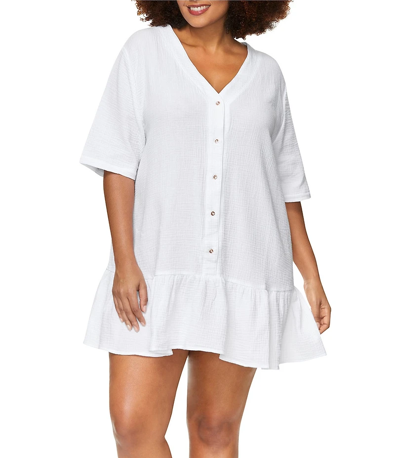 Raisins Curve Plus Size Sol V-Neck Ruffle Skirt Swim Cover-Up Dress