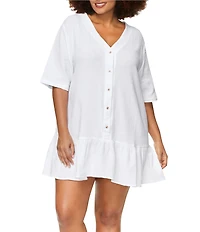 Raisins Curve Plus Size Sol V-Neck Ruffle Skirt Swim Cover-Up Dress