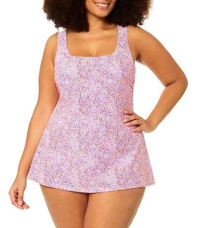 Raisins Curve Plus Size Triana Dotted Square Neck Underwire Bra One Piece Swim Dress