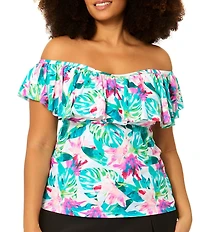 Raisins Curve Plus Size Tropical Floral Off-The-Shoulder Flounce Tankini Swim Top