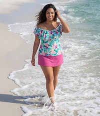Raisins Curve Plus Size Tropical Floral Off-The-Shoulder Flounce Tankini Swim Top