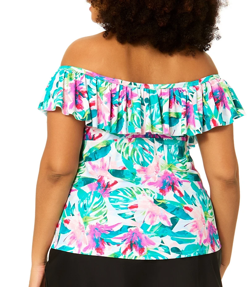 Raisins Curve Plus Size Tropical Floral Off-The-Shoulder Flounce Tankini Swim Top