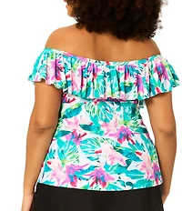 Raisins Curve Plus Size Tropical Floral Off-The-Shoulder Flounce Tankini Swim Top