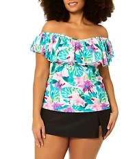 Raisins Curve Plus Size Tropical Floral Off-The-Shoulder Flounce Tankini Swim Top