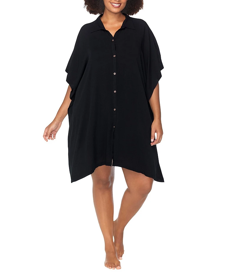 Raisins Curve Plus Size Vacay Point Collar Batwing Sleeve Button Front Swim Cover-Up