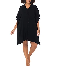 Raisins Curve Plus Size Vacay Point Collar Batwing Sleeve Button Front Swim Cover-Up