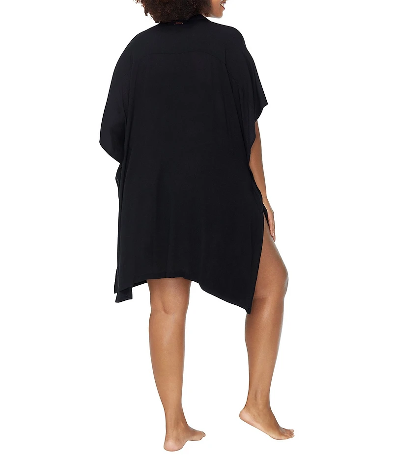 Raisins Curve Plus Size Vacay Point Collar Batwing Sleeve Button Front Swim Cover-Up