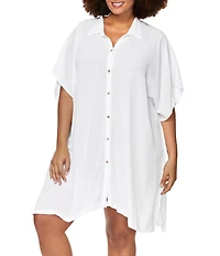 Raisins Curve Plus Size Vacay Point Collar Batwing Sleeve Button Front Swim Cover-Up