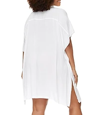 Raisins Curve Plus Size Vacay Point Collar Batwing Sleeve Button Front Swim Cover-Up