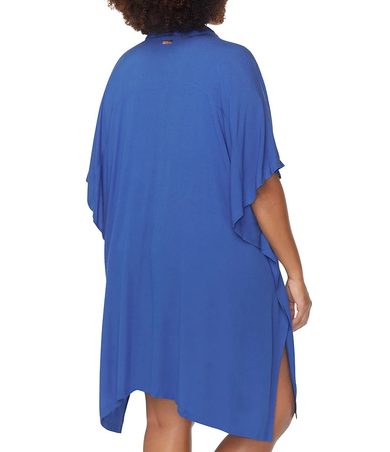 Raisins Curve Plus Size Vacay Point Collar Batwing Sleeve Button Front Swim Cover-Up