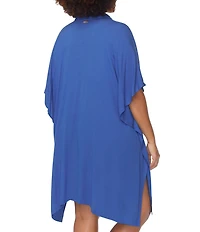 Raisins Curve Plus Size Vacay Point Collar Batwing Sleeve Button Front Swim Cover-Up