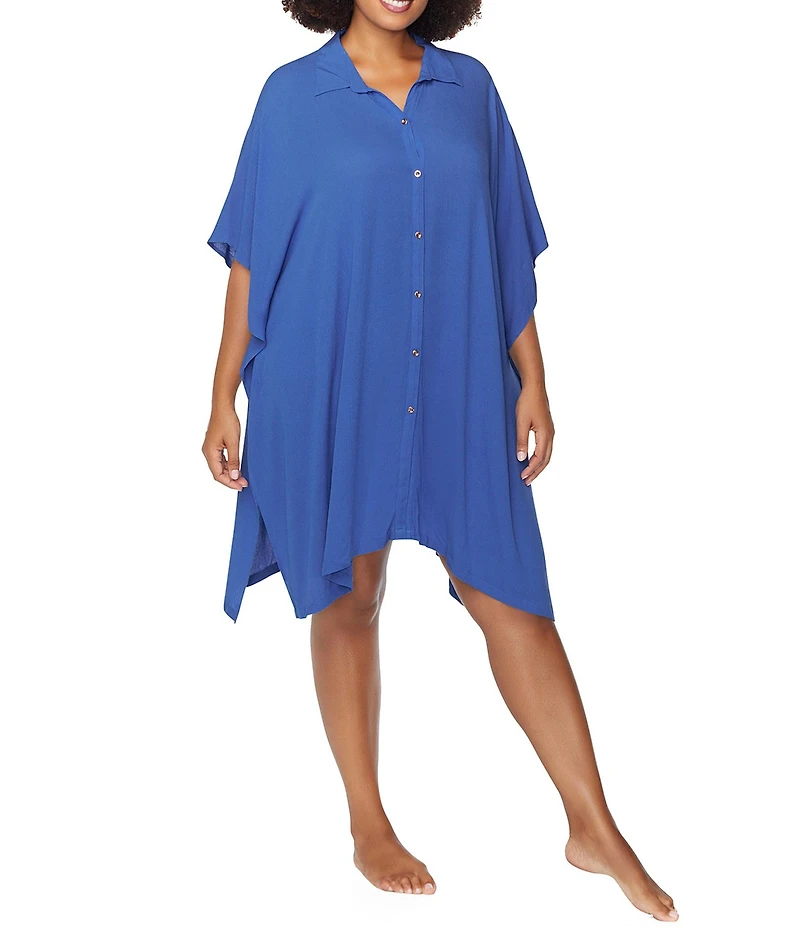 Raisins Curve Plus Size Vacay Point Collar Batwing Sleeve Button Front Swim Cover-Up