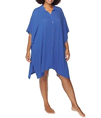 Raisins Curve Plus Size Vacay Point Collar Batwing Sleeve Button Front Swim Cover-Up