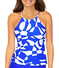Raisins Divn In St Croix Abstract Print High Neck Strappy Tankini Swim Top
