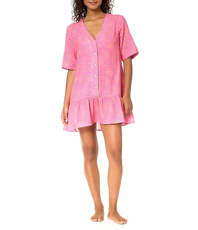 Raisins Flower Jacquard V-Neck Ruffle Button Front Swim Cover-Up Dress