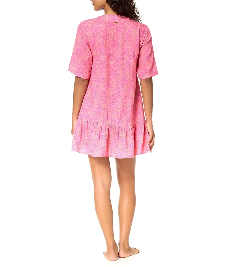 Raisins Flower Jacquard V-Neck Ruffle Button Front Swim Cover-Up Dress