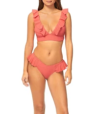 Raisins Seastar Solids Cabo Textured Ribbed Ruffle V-Waist Hipster Swim Bottom
